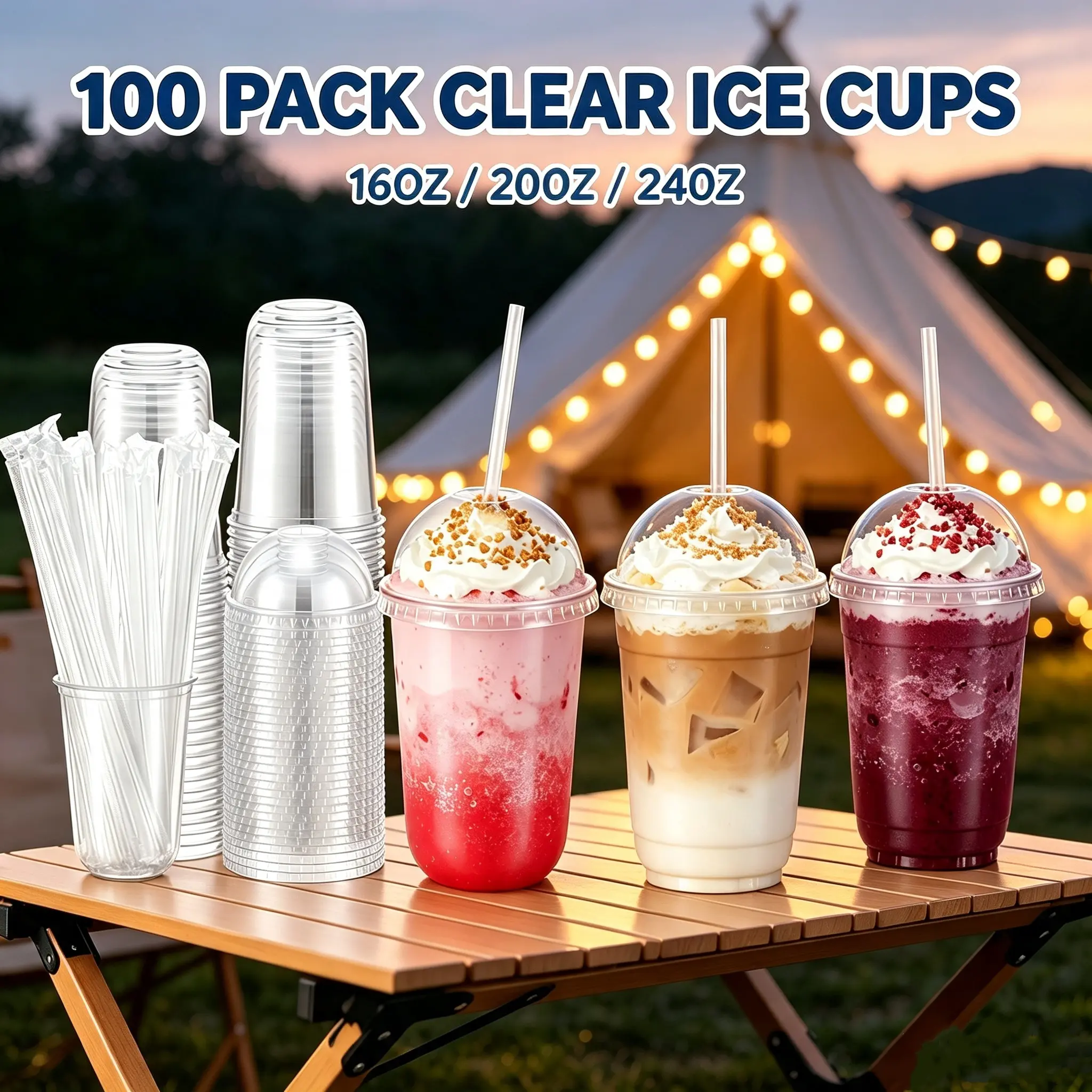 100 Pack Clear PET Cold Drink Cups with Dome Lids & Straws, Disposable To-Go Plastic Cups for Outdoor Picnics, Birthday Parties, Camping Gatherings & Office Commute Cold Drinks#tiktokshopsummersale