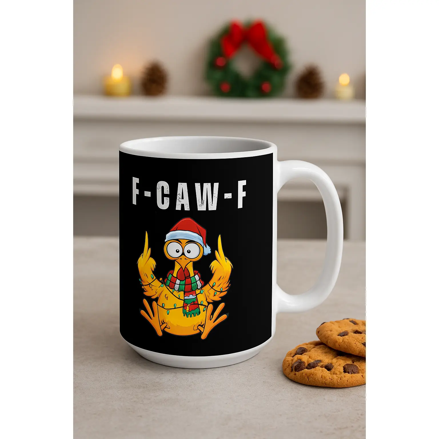 Funny Christmas Mug – “F-CAW-F” Bird Humor Coffee Cup, Hilarious Holiday Gift for Friends, Coworkers & Bird Lovers – 15oz Ceramic Cup for Festive Mornings