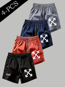 4-Piece Set High-Street Style Shorts, Trendy Off- Arrow Print, Quick-Dry Breathable Fabric, Unisex Slim Fit, All Seasons