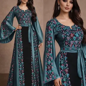 Elegant Floral Embroidered Long Sleeve Dress with Belted Waist and Flowing Sleeves for Special Occasions