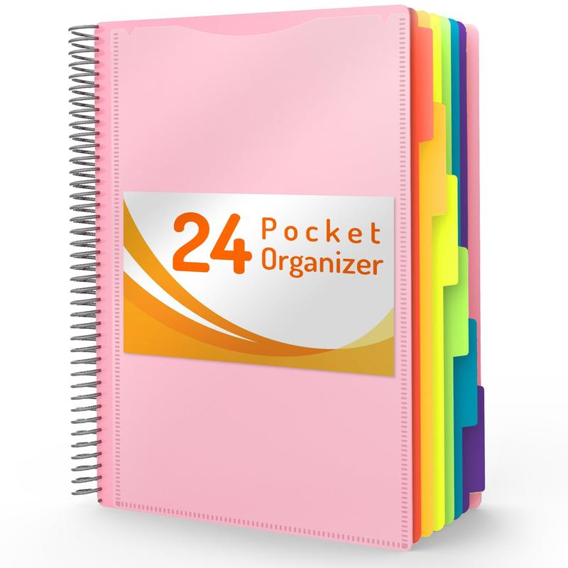 24 Pocket Project Organizer,  1/3-cut Tab Binder Organizer with Sticky Labels, Multi Pocket Folder with Zipper Pouch, Folder Binder Spiral Pocket Notebook, Office Supplies, Letter Size, Blush