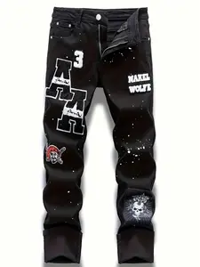 Men's Black High Street Jeans, Gothic Skull & Letter Print, Slim Stretch Denim Pants, Hip Hop Streetwear, Y2K Punk Aesthetic, Casual Straight Trousers
