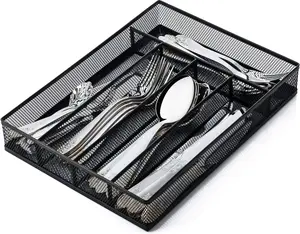 Utensil Drawer Organizer, Cutlery Tray Silverware Flatware Storage Divider for Kitchen, Mesh Wire with Non-slip  , 5 Component, Black