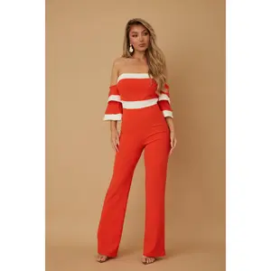 Off Shoulder Orange N White Color Combo Jumpsuit