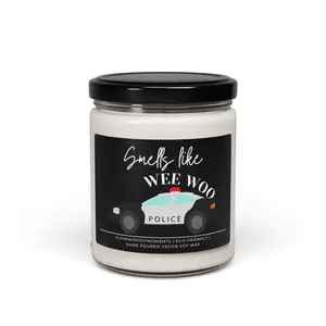 Funny Police 9oz Small Candle Cop Car Design for Graduation Sheriff or Detective Gift Vegan Soy Wax 9oz Customizable Label Law Enforcement Ready - Decor candles