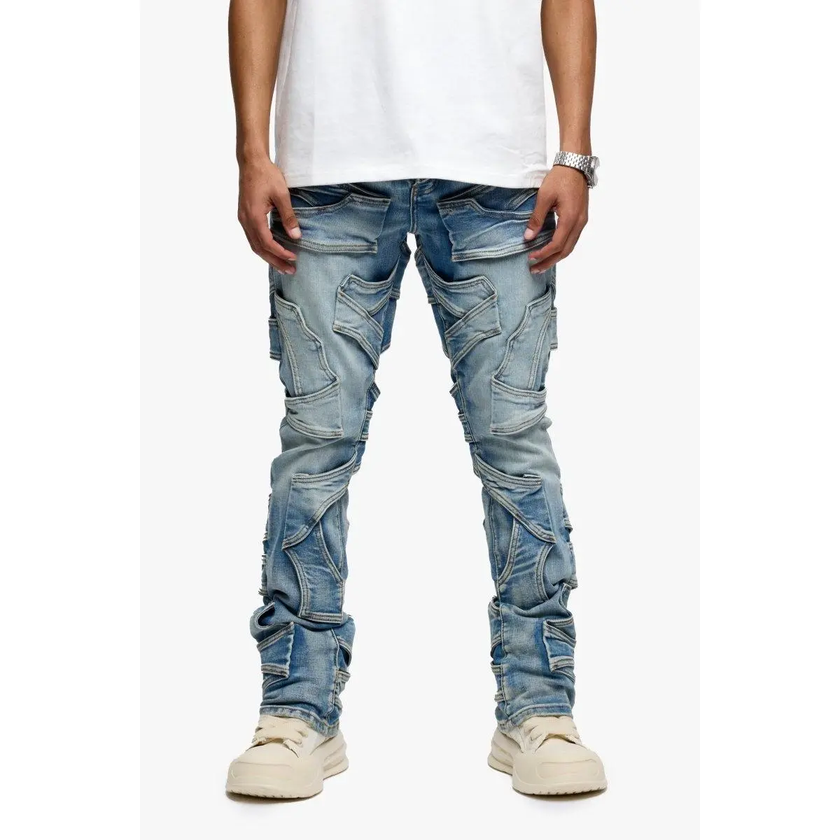 Women's Mid Rise Stacked Flare Jeans, Distressed Streetwear Cotton-Spandex Denim with Layered Panels, Light Blue Wash, Unisex, Clothes, Stacked Jeans, Bold, Alternative Style, Mid Waist, Blue Washed Jeans