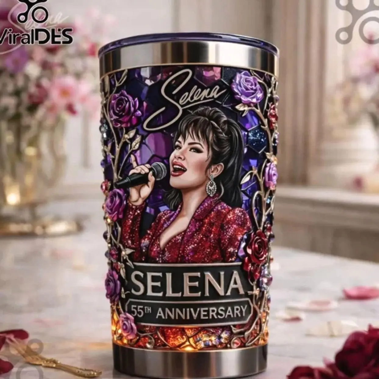 Selena Purple Rose 55th Anniversary Stainless Steel Handle Tumbler