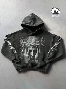 Men's Jesus Portrait Hoodie, Casual Streetwear, Fall Sportswear, Comfortable Autumn & Winter Style, Men's Hooded Sweatshirt