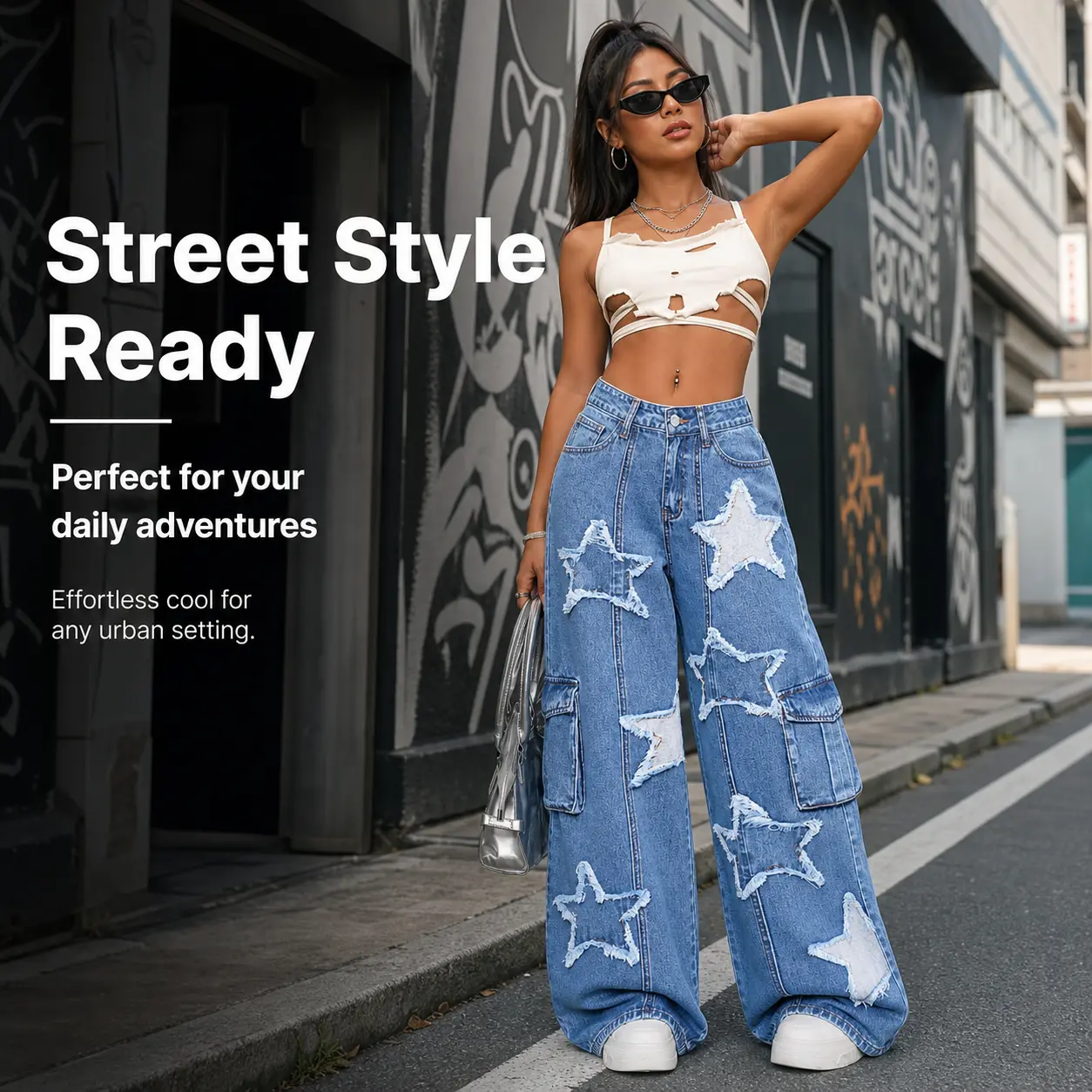 Women Mid Rise Star Patch Wide Leg Cargo Jeans Y2K Distressed Flap Pocket Baggy Streetwear Denim Pants Casual Loose Trousers