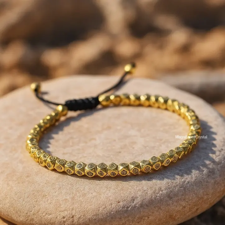 Unisex Minimalist Copper-Gold Bead Bracelet with Tibetan Symbolism - Adjustable Elastic Cord, 6.5-8.5 in, Luck & Wealth Healing Jewelry, Ideal Birthday & Graduation Gifts for Spiritual Seekers