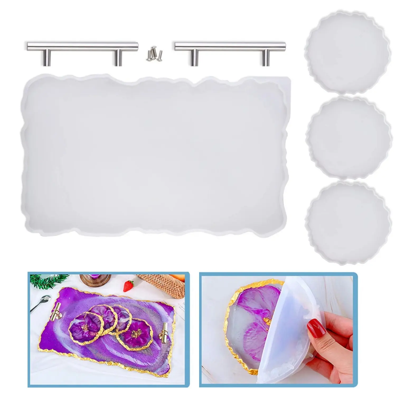 Silicone Large Tray Mold Set with Handles Resin Mold Set Irregular Coasters Plates Epoxy Resin Casting Mould DIY Handles Practical Resin Craft Supplies Home Decor Ideal Gift (1 Rectangle + 3 Circular Coaster) - Home Improvement.