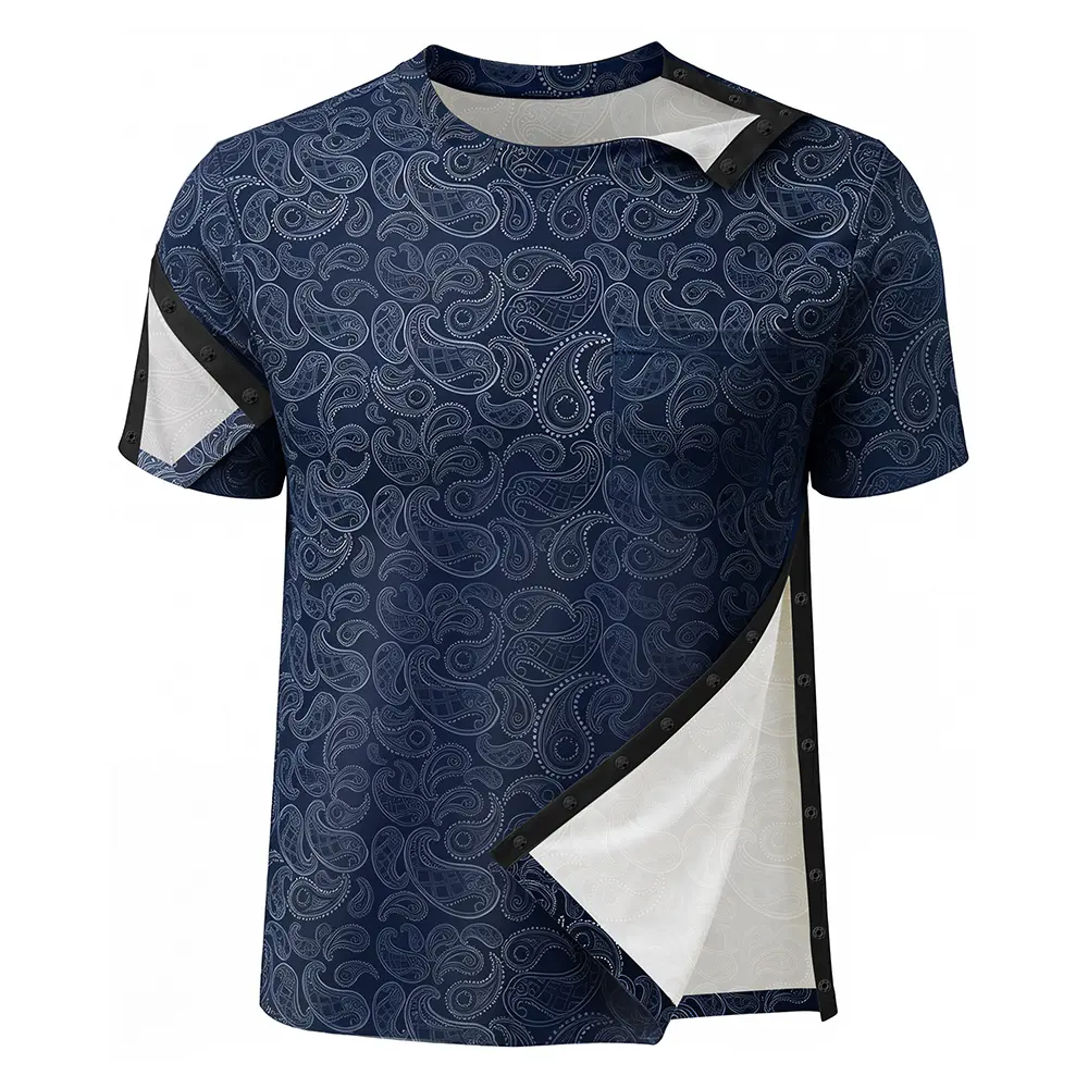 Men's Post Shoulder Surgery Printed Shirts Tear Away Snap Rotator Cuff & Chemo Port Milk Silk Recovery Top Short Sleeve