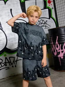 2-Piece Boys' Clothing Set, Casual Summer New Style, Hip-Hop Skater Letter Print Short Sleeve T-Shirts, Perfect for Outdoor Activities