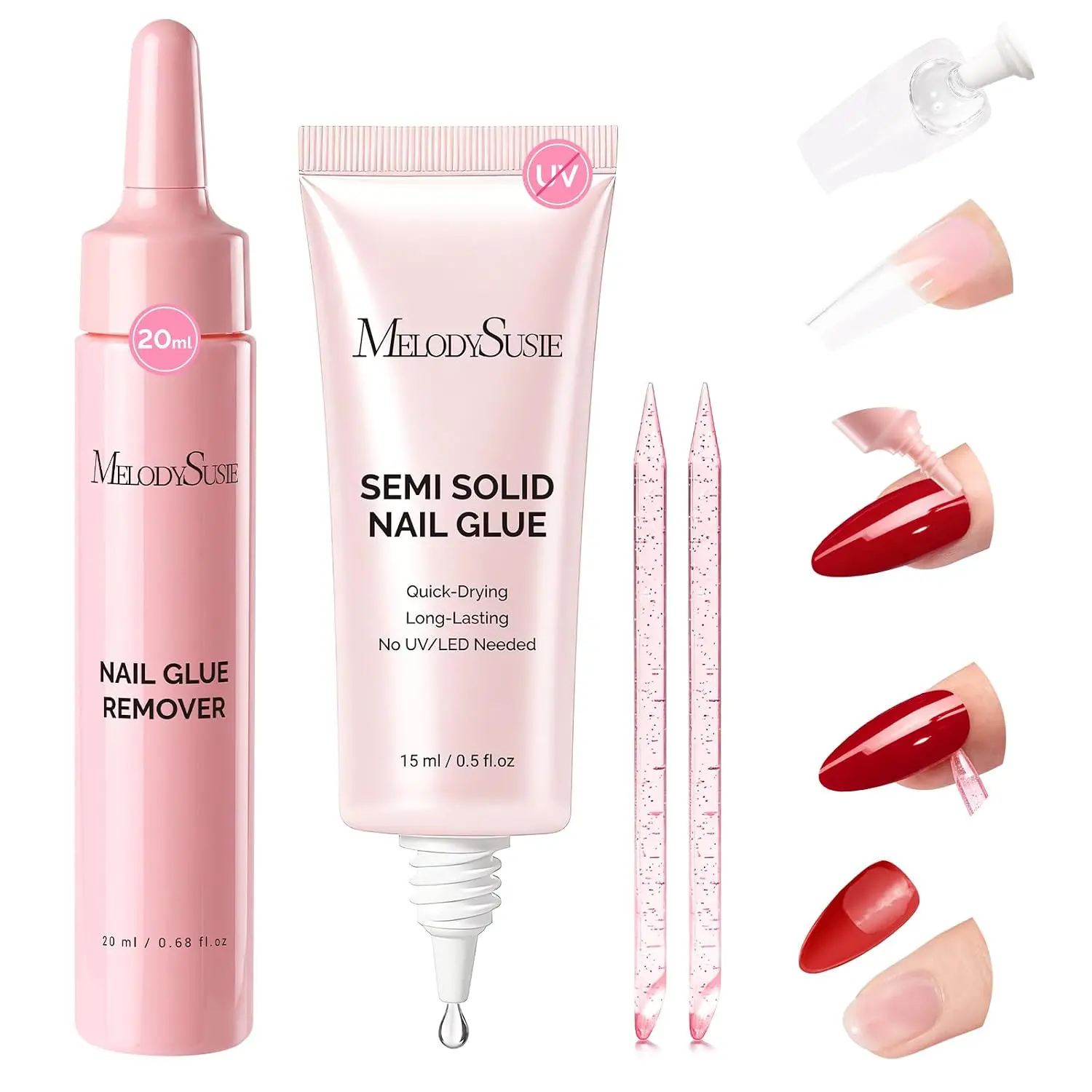 MelodySusie 15ml Super Strong Nail Glue with 20ml Nail Glue Remover, Quick Dry Semi Solid Glue No UV Lamp Needed and Non-Acetone Gentle Remover Kit, Perfect for Press On Nails Application and Removal