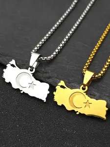 Turkey Map Flag Moon Star Geometric Unisex Necklace for Men Women Stainless Steel Gold Color Turkish Country National Geography Chain