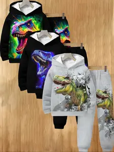 Boys' Fashion Dinosaur Pattern 3D Printed Hoodie Set, Long Sleeve Sports Wear, Spring Fall Winter Outdoor Hoodies, Casual Fitted Style, Sweatpants