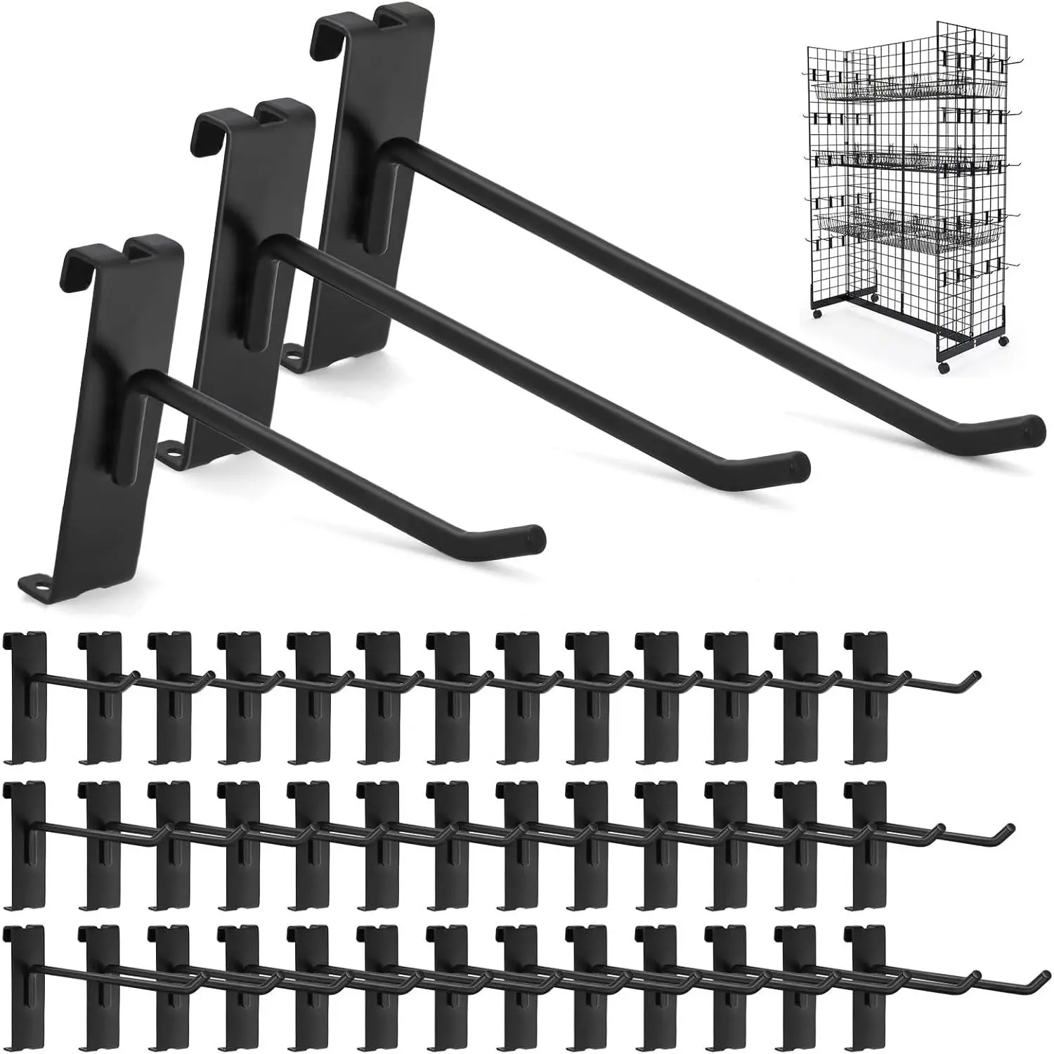 60 Pcs Black Gridwall Hooks, 20Pcs Each of 4/6/8 Inch, Heavy Duty Display Hooks for Grid Wall Panels Wire Grid Rack Hanging Storage