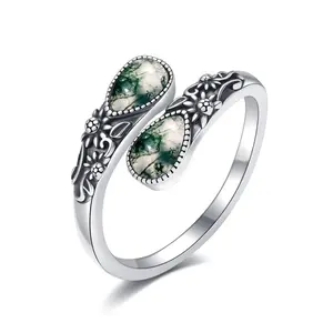 S925 sterling silver water grass agate open ring suitable for sizes 6-9, suitable for any festival essential jewelry