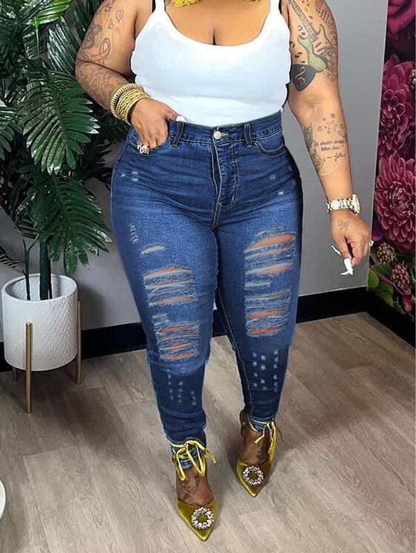 Women's Plus Size Ripped Skinny Jeans YY3165 High Stretch Distressed Denim Pants All Seasons Comfortable Trendy Fit Casual Fabric Streetwear Fashion Bottom Everyday Trouser