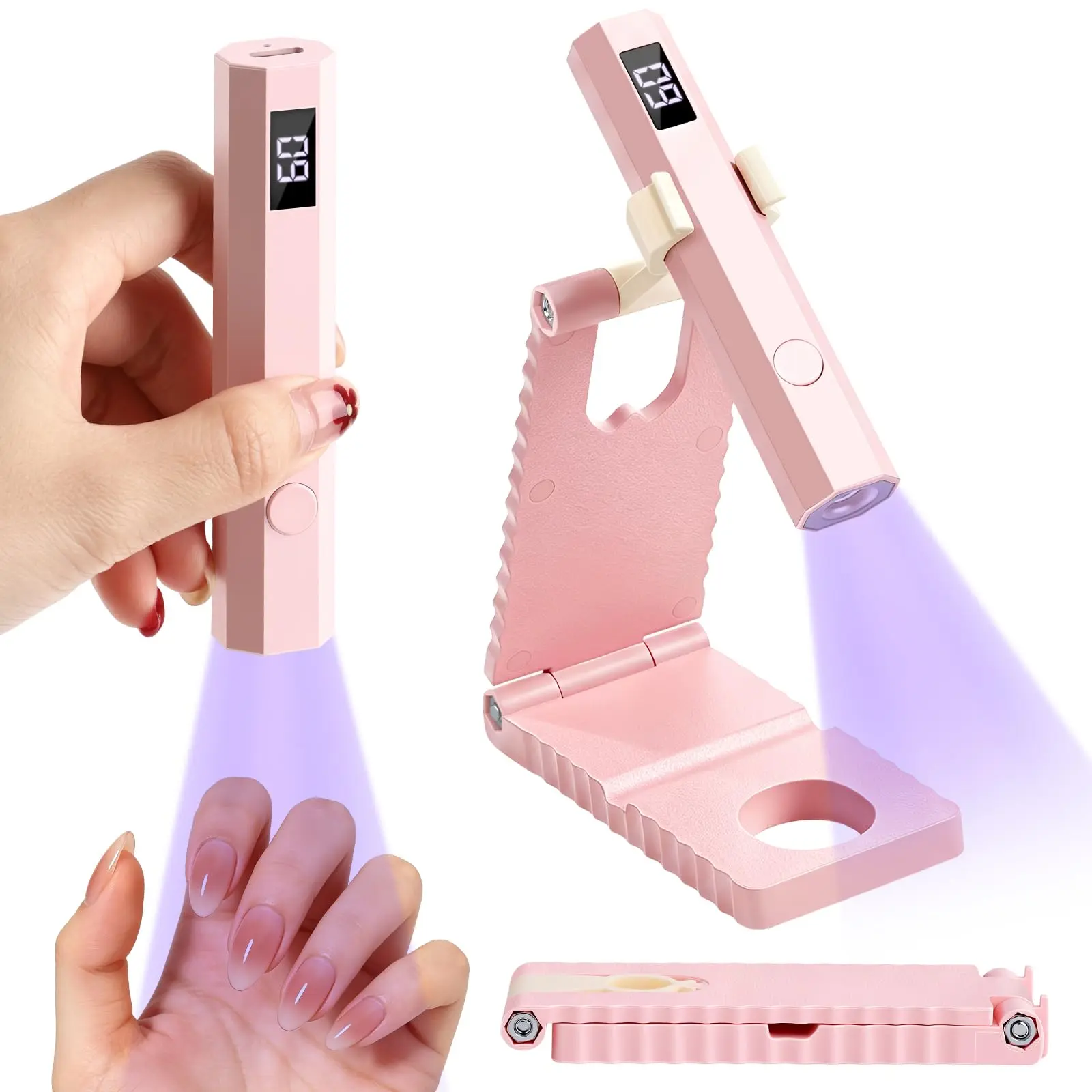 Essentials Handsfree LED Nail Lamp: Quick Dry Pink UV Nail Light with Foldable Stand Visible LCD 20/60s Timer Rechargeable Portable Cordless Gel Lamp Gel Tip Glue Rhinestone Decorations