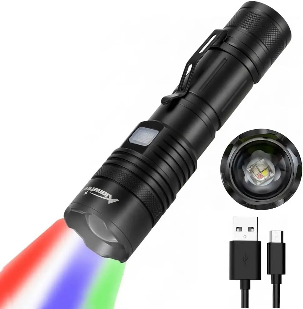 X37 Multicolor LED Flashlight 4 Color Change White Blue Green Red Light RGB USB Rechargeable Zoom Waterproof with Rever Charging, Rechargeable Battery for Tracking Deer Hunting Fishing
