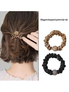 2-Pack Fashionable High Elastic Durable Leopard Print Hair Ties with Rhinestone Balls, Perfect for Women's Ponytails and Bun Hairstyles, Elastic Hair Accessory