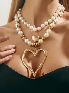 Elegant Faux Pearl Heart Pendant Necklace Set, Two-Piece Layered Design, Perfect for Weddings & Evening Wear, Casual Office Style, Pearl Chain Necklace, Faux Pearl Jewelry