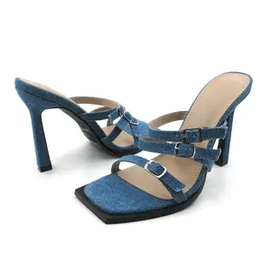 Women's 3.3 Inch Square Open Toe Mules, Cartoon Print 1-Band Slip-On Sandals, Non-Slip Rubber Sole, Elegant Dressy Heels for Wedding, Prom & Party