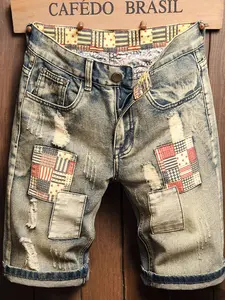 Men's Summer American Vintage Ripped Patchwork Denim Shorts, Street Style Fitted Five-Quarter Pants, Plain Pattern, Streetwear Denim, Casual Fashion Shorts