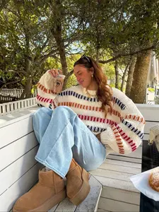 Autumn Winter Fashion New Arrival Colorblock Striped Knit Pullover Sweater, Casual Home Wear, Perfect for Shopping & Dating