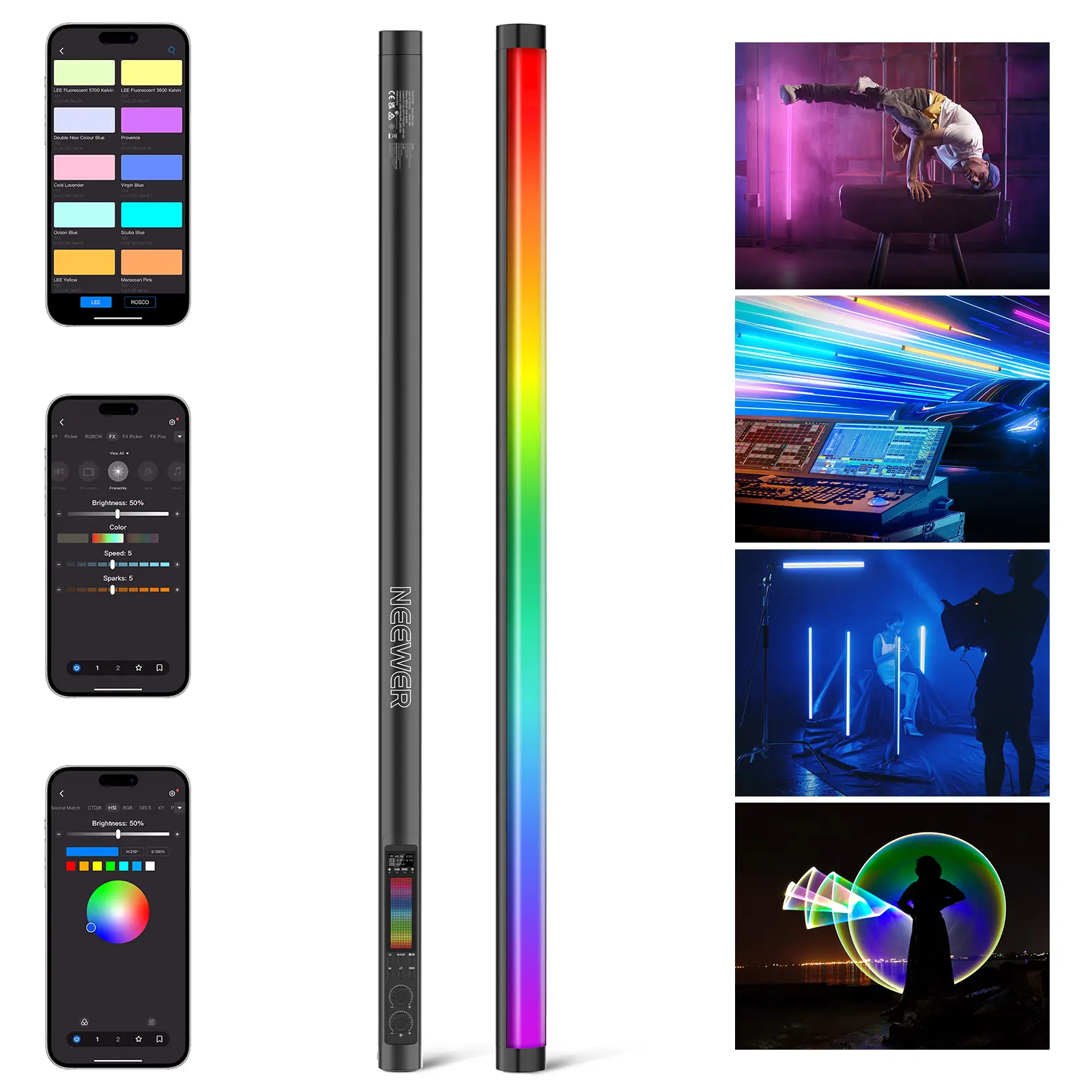 NEEWER TL90C RGB Tube Light, 30W LED Video Light RGBWW Full Color Stick Light Wand with 18 Scenes 7 Pixel Effects 2500-10000K CRI97/TLCI98 6000mAh, APP/2.4G/DMX Control for Photography Video Record
