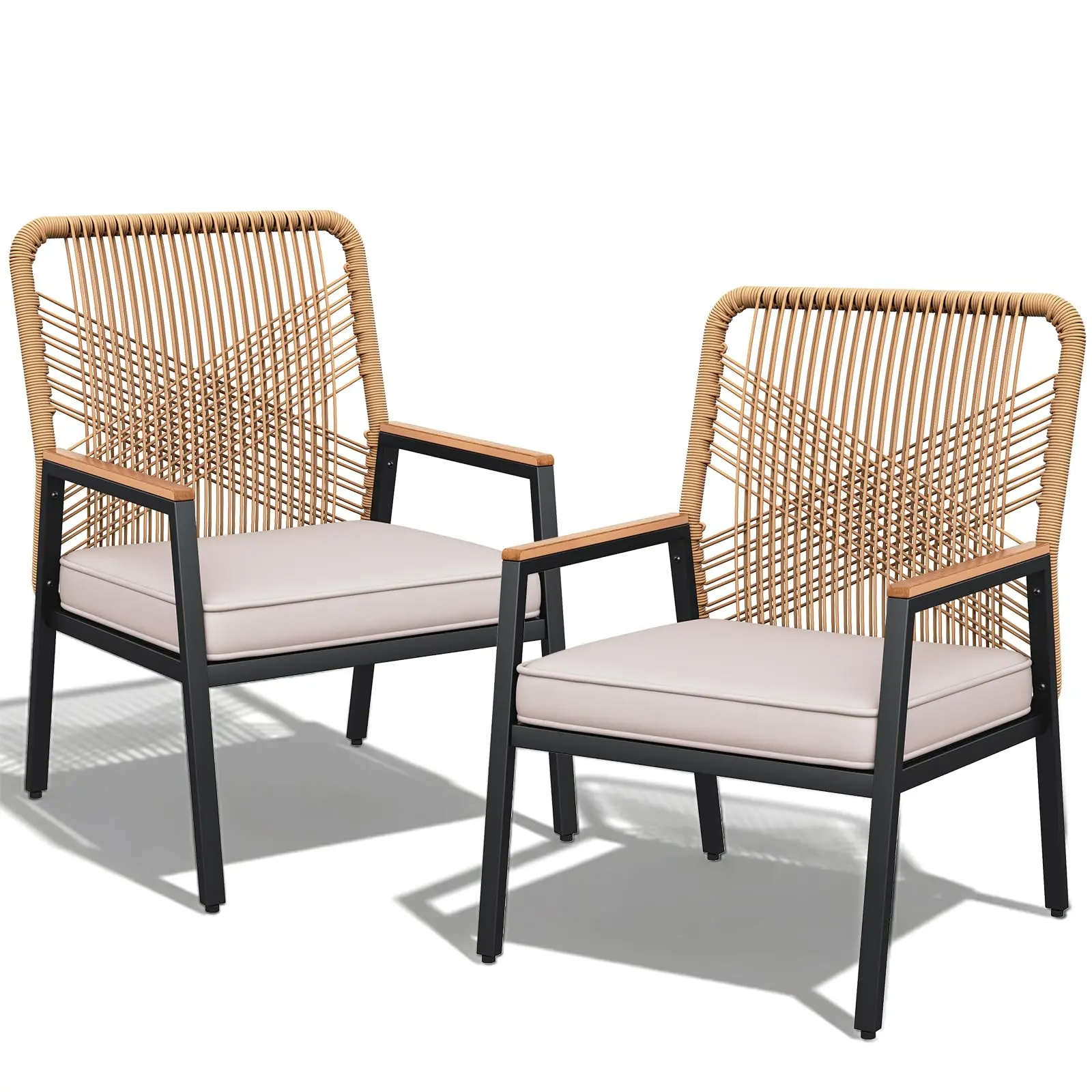 LIFERUN 2-Piece Outdoor Rattan Patio Armchairs Set, 21 in Wide Seats with Ergonomic Curved Backrests, 3.15 in Thick Cushions and WPC Armrests, Comfortable Wicker Chairs for Balcony, Porch, Backyard, Garden, Deck and Mother's Day Gift