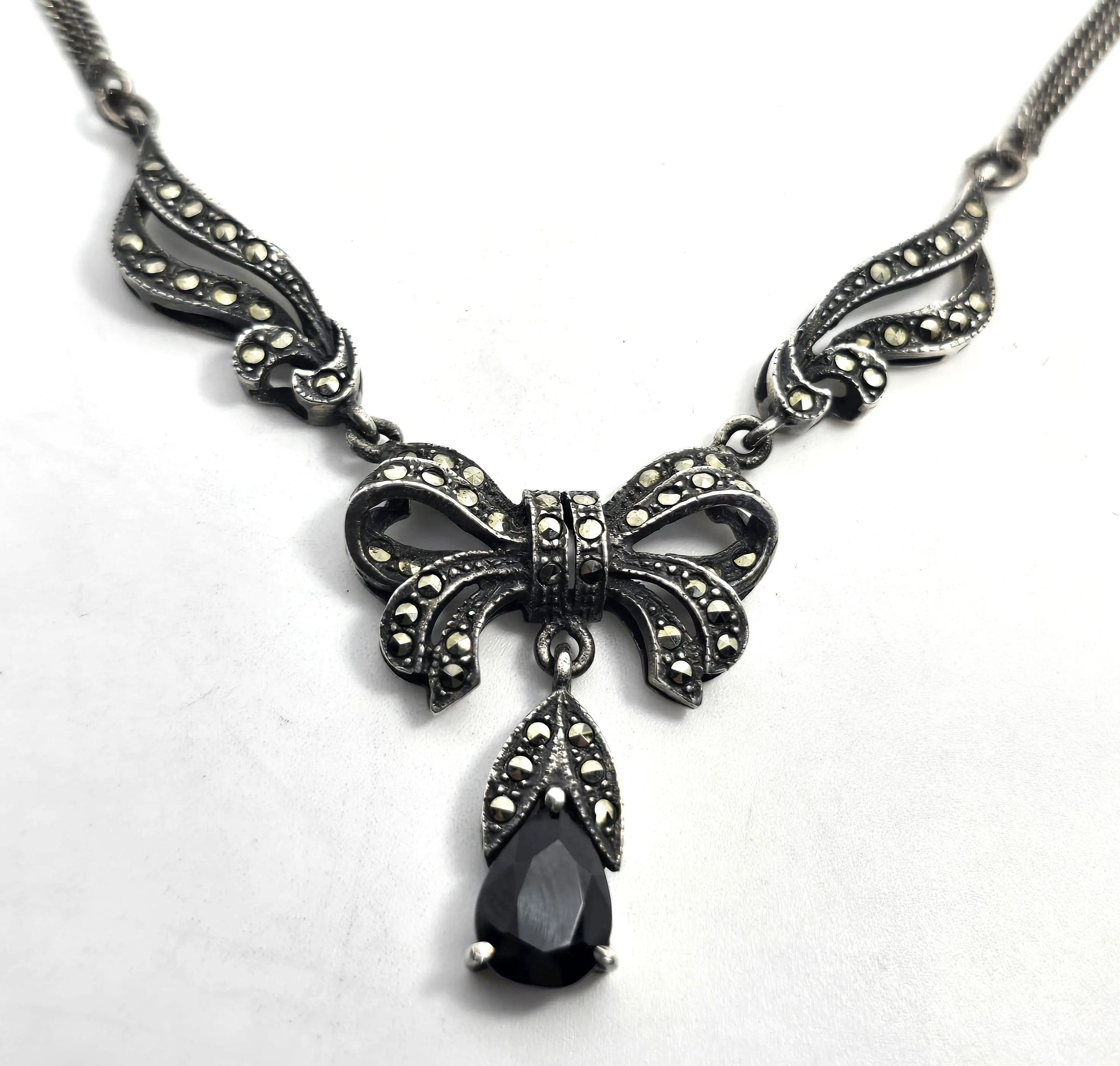 Black glass bow marcasite vintage sterling silver retro statement necklace