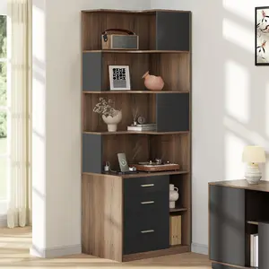 ModernMate Corner Bookshelf with Storage, 74.4" Tall L-Shaped Bookcase with 3 Drawers & AC/USB Charging Station, 7 Tier Wooden Open Display Rack for Living Home Office, Black Walnut