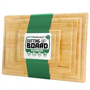 Freshware Wood Cutting Boards for Kitchen - Bamboo Cutting Board Set of 3, Cutting Boards with Juice Grooves, Serving Board Set, Chopping Board for Meat, Veggie, Easy Grip Handle (9x6", 12x8", 15x10")