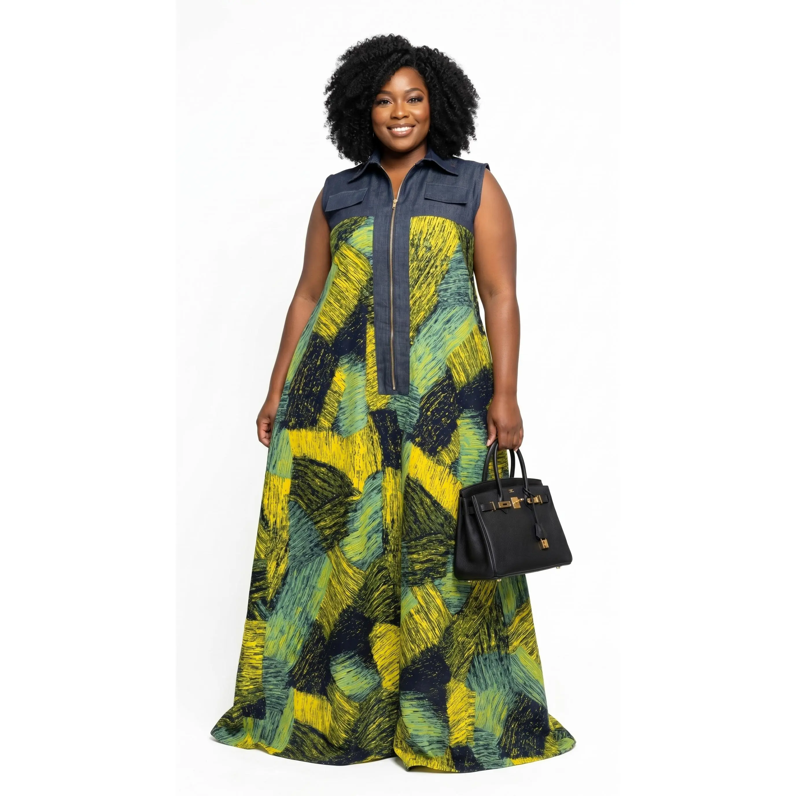 Elegant Green and Yellow Abstract Ankara Maxi Dress Embellished with Denim and Zipper