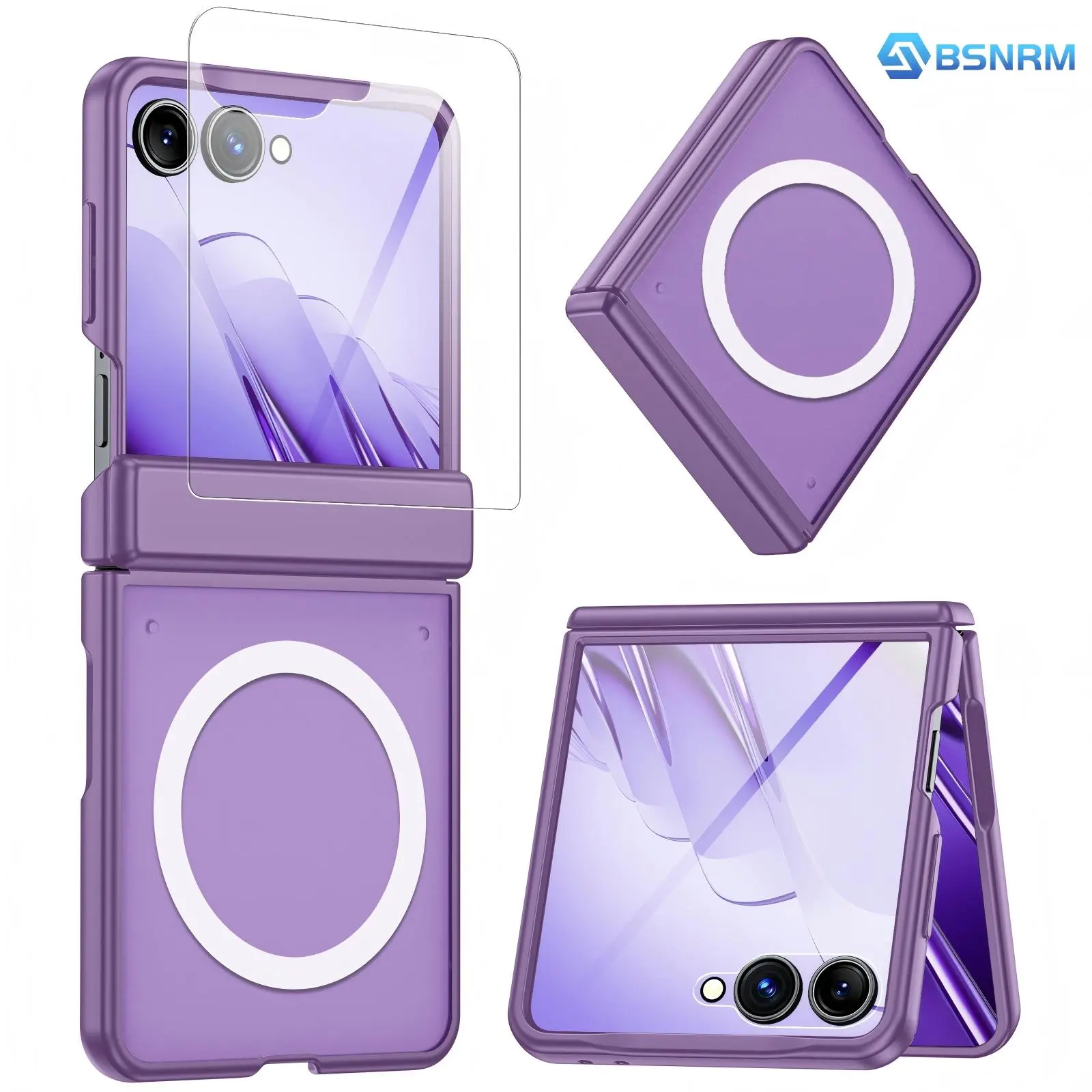BSNRM For Samsung Galaxy Z Flip 7 Case, Magnetic Matte Phone Cover with Hinge Protection, Tempered Glass Screen Protector, Slim Anti-Scratch Shockproof Case for Travel Work