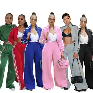 Two-Piece Set Women Side Striped Casual Tracksuits Set Sportwear Joggers Long Sleeve Zipper Jacket Top & Wide Leg Pants Suit Clothes Womenswear Fitted Blue