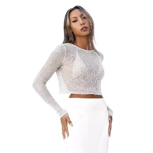 European and American Women's Clothing Light Yarn Lightweight See-through Knitted Blouse Sexy Minority All-Match Slim Fit round Neck Long Sleeves T-shirt Fabric Knitwear