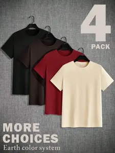 4-Pack Premium Men's Basic T-Shirts Multi-Color Set | Soft Breathable Round Neck Short Sleeve Tees for Daily Wear & Layering | Essential Minimalist Streetwear Pack for Men