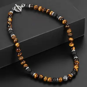 Stainless Steel Natural Tiger Eyes Stone Mixed Lava Bead Necklace with Charm Toggle Clasp for Men Women Fashion Jewelry