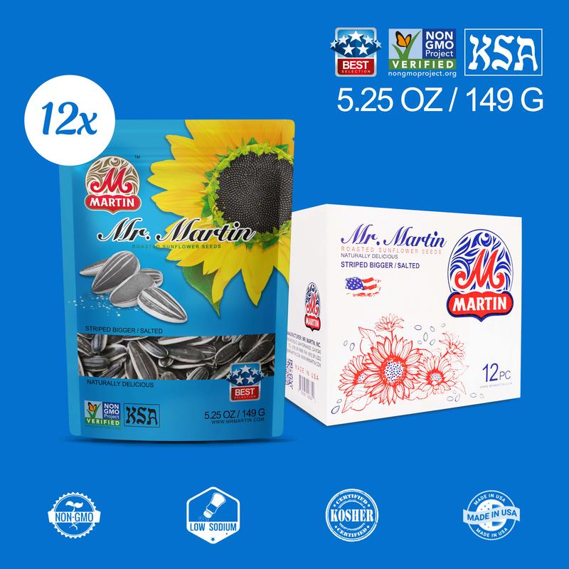 MR. MARTIN Freshly Roasted Salted Sunflower Seeds – Non-GMO, Crunchy, Delicious, Vegan, Eco Friendly, Low Sodium Snack, Pack  of 6