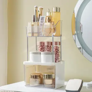 3-Tier White Makeup Organizer - Countertop Vanity with Large Drawers & 6-Grid Top - Cosmetic & Skincare Storage for Bathroom or Dresser