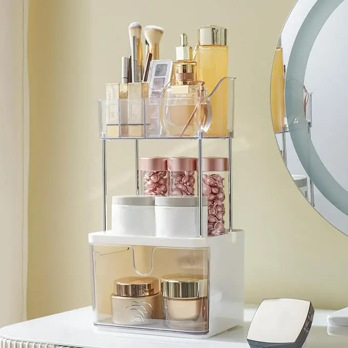 White Plastic 3-Tier Beauty Organizer Box - Countertop Vanity Storage with Large Drawers, 6-Grid Top for Bathroom, Dresser