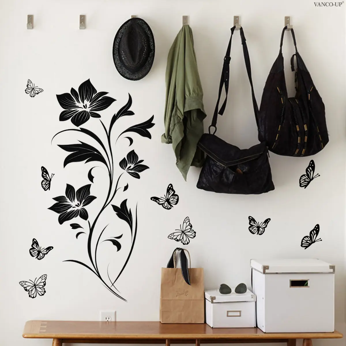 A (30*60cm) 2D frosted wall sticker with butterfly and flower patterns for home decoration, self-adhesive, Decorative Stickers, Flower Design, M21268-YC