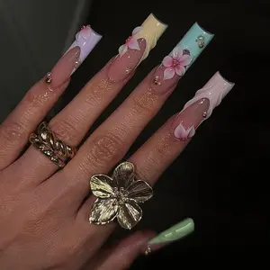 milo.nail&care Pastel Bloom Press-On Nails, Soft Pink Mint French Tips, 3D Floral Accent, Glossy Dream Stage Inspired Handmade Long Nail Set, Comeback Season Aesthetic