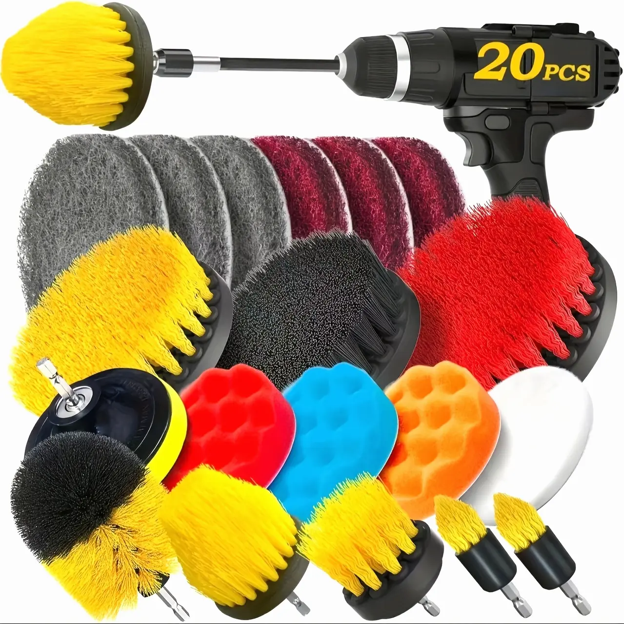20Pack Drill Brush Attachments Set, Scrub Pads & Sponge, Buffing Pads, Power Scrubber Brush with Extend Long Attachment, Car Polishing Pad Kit, Cleaning Supplies, Shower Scrub, Scratch Brushes