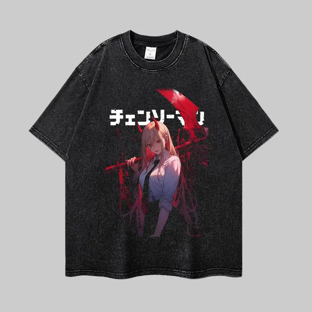 Vintage Washed Dark Anime Devil Girl T-Shirt | Heavyweight Cotton Gothic Streetwear | Oversized Graphic Tee for Men & Women, Trendy Grunge Vibe Top