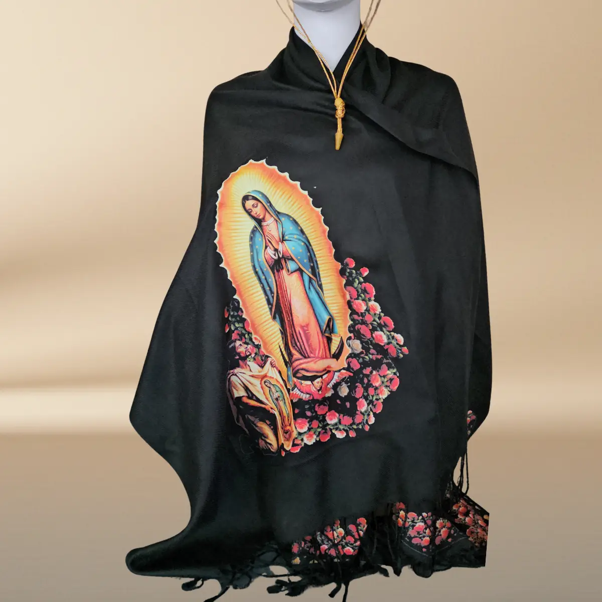 Our Lady of Guadalupe Black Rectangular Rebozo Shawl - DTF Halftone Print, Guadalupe Image, Single Size, Casual Wear