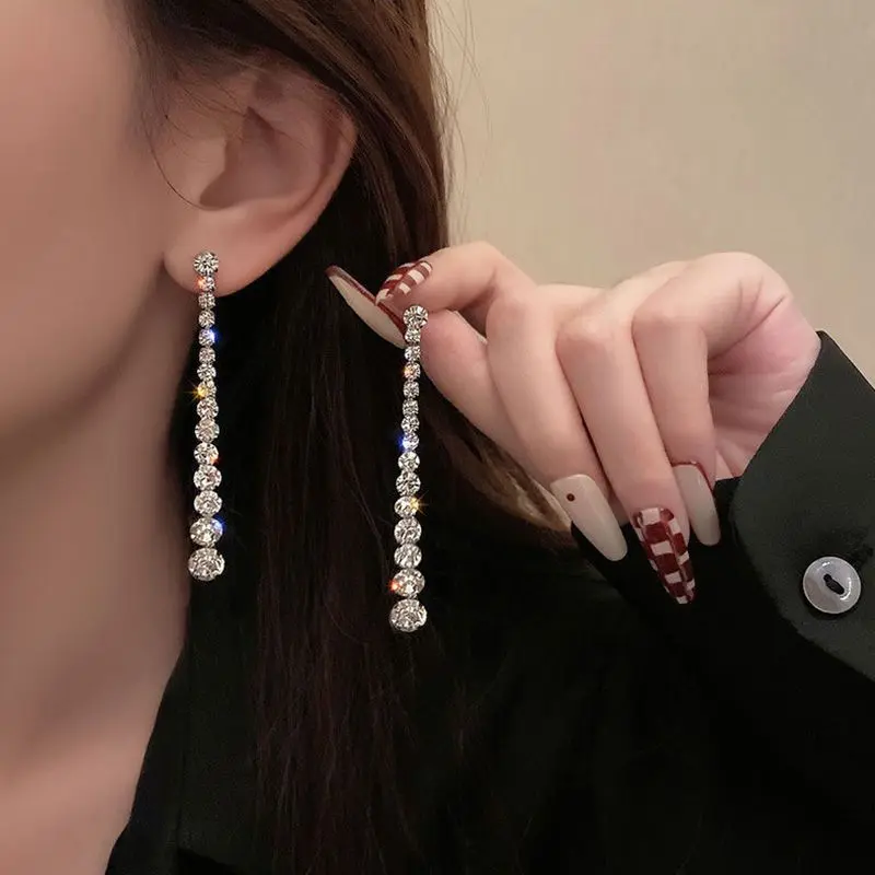 Women's Sparkling Crystal Long Tassel Drop Earrings - Unique, Versatile, Elegant Designer Stud Jewelry with Female Fit & Shimmering Look
